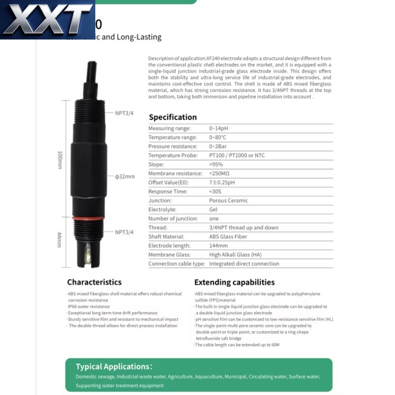 Ph Meter - XXT XF240 Industriële pH-elektrodesensor voor pH-meter,